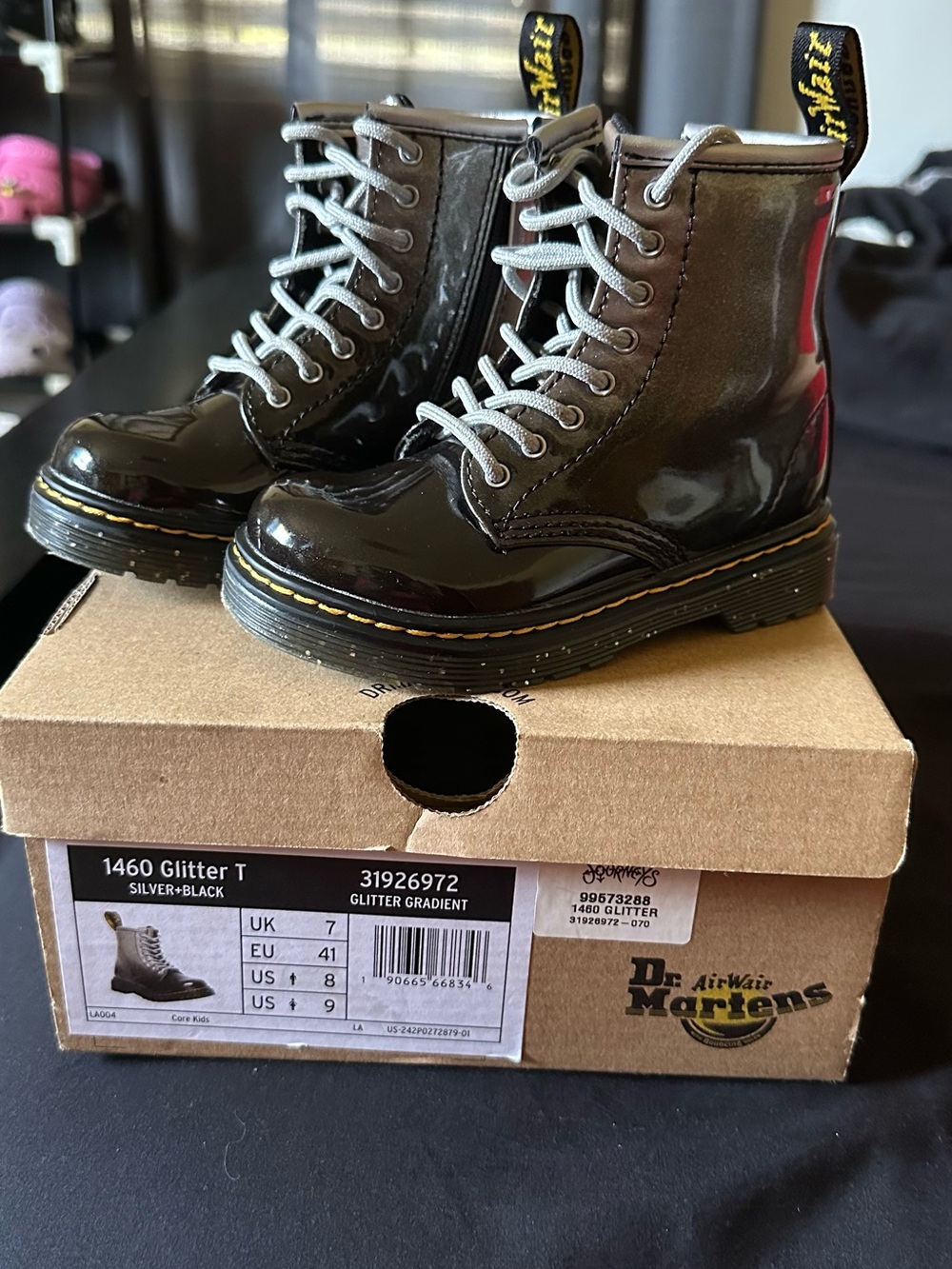 Dr. Martens Kids 1460 Glitter T Silver and Black Lace-Up Boots